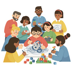 A diverse group of people gathered around a table, engaged in a creative activity with colorful blocks and drawings on a white background, depicted in a vibrant digital illustration.