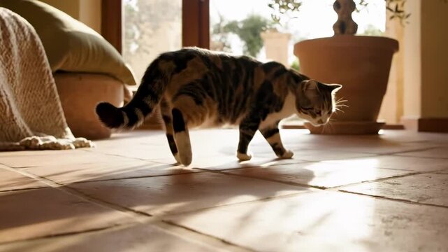 tabby calico cat | A domestic cat exploring a sunlit room with tiled floors, showcasing its playful nature as it walks toward a potted plant near large windows