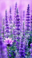 Obraz premium Purple Lavender Flower Field Background with Soft Focus Bokeh