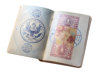 Open united states passport with stamps isolated on transparent background