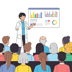 A male doctor giving a presentation to a diverse group of people, standing in front of a colorful graph on a screen, wearing a white lab coat. Perfect for medical, educational, and business