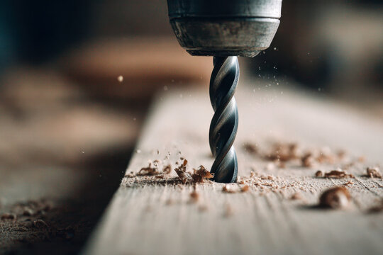 High precision drill bit creating fine wood shavings while boring into a plank in a close-up view of woodworking craftsmanship and detailed construction work