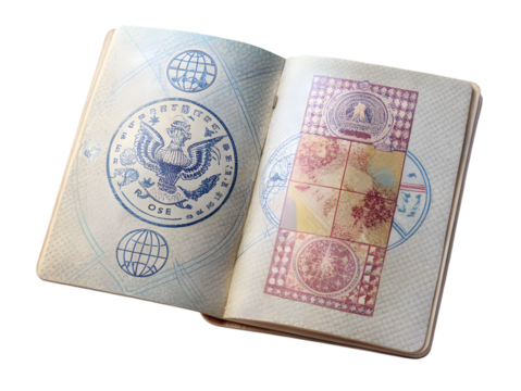Open united states passport with stamps isolated on transparent background