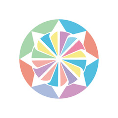 A colorful, multi-colored starburst design within a circle, featuring pastel shades and white accents. Perfect for logos, icons, and graphic resources.