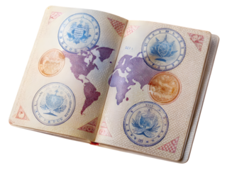 Open passport with visa stamps isolated on transparent background