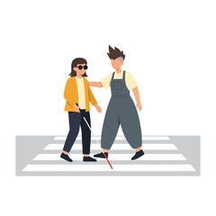 A digital illustration of a blind woman with a white cane and a man guiding her across a crosswalk on a gray background. Perfect for accessibility, disability awareness, and educational