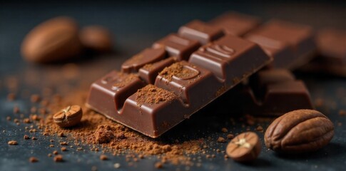 Rich dark chocolate bar with cocoa powder dusting on a slate gray background. A broken artisanal dark chocolate bar with visible cocoa nibs and a light dusting of cocoa powder. It rests on a dark,