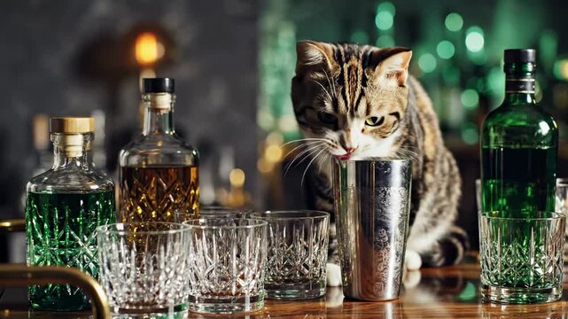 tabby calico cat | A curious cat explores a bar counter adorned with elegant glassware and various bottles, reflecting a vibrant atmosphere and playful mixing of colors