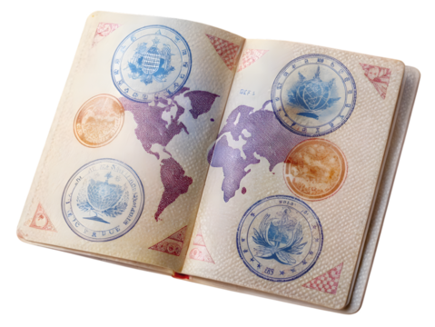 Open passport with visa stamps isolated on transparent background