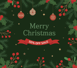 Merry Christmas Sale Banner with Festive Holly and Ornaments