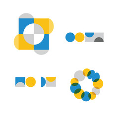 A set of four geometric vektor icons featuring blue, yellow, and gray shapes in various compositions. Perfect for designs, logos, and graphic resources.