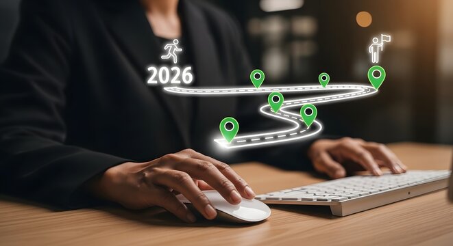 Business person planning a future roadmap for 2026 with map pins and running icon strategy