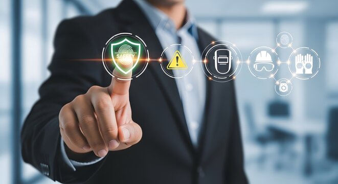 Businessman Touching Screen Displaying Safety Icons and Fingerprint Scan pointing