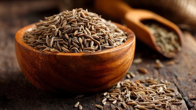 Awesome photo of cumin seeds in a wooden bowl on a rustic wooden surface.