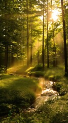 Obraz premium Mystical Forest Sunlight Streaming Through Trees Green Woods Nature Path