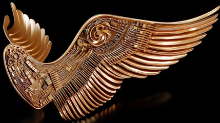 A detailed golden wing design that merges organic feather shapes with electronic components and mechanical parts, set against a dark background.