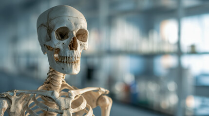 Detailed human skeleton model with a focus on skull and upper body structure positioned in a bright scientific laboratory setting for educational use
