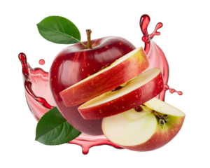 Fresh red apple with slices and juice splash isolated on transparent background, a vibrant and healthy treat
