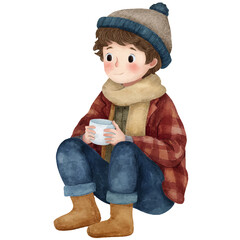 boy in winter sitting down and holding a cup of hot cocoa