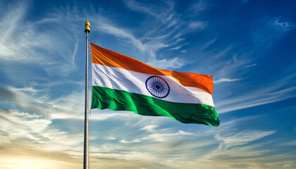 A realistic photograph of the Indian flag waving on a tall metal pole, bright blue sky