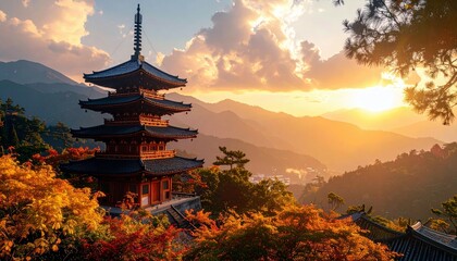 A traditional Japanese pagoda stands majestically amidst a landscape ablaze with autumn colors, bathed in the warm glow of a setting sun.