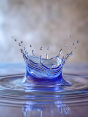 Vibrant blue water splash forming a dynamic crown shape with droplets suspended midair against a soft neutral background and serene rippling surface below