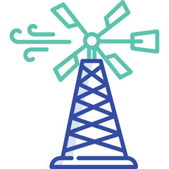 Simple Vector Illustration of a Windmill With Teal Blades and Blue Lattice Tower Against a Transparent Background Showing Wind Gusts