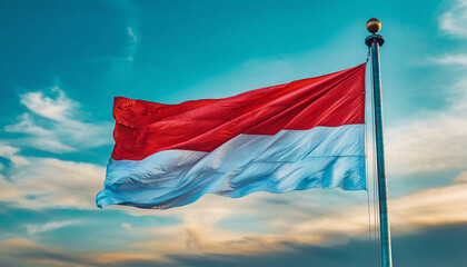 Realistic Indonesian Flag Waving Proudly Against a Vibrant Blue Sky with Wispy Clouds