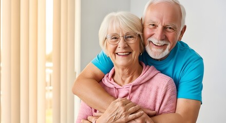Happy elderly couple embracing and smiling warmly in a bright, sunlit room senior