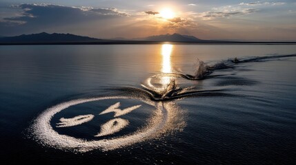 A jet ski creates a circular wake with a distinct symbol on the water's surface during a serene sunset, with distant mountains visible.