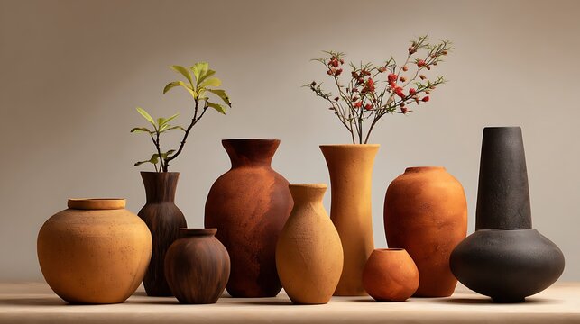 Awesome photo of still life of various vases with plants and flowers on a table top.