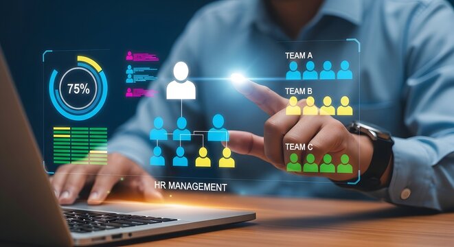 HR manager using a digital interface to manage teams on a laptop human resources management