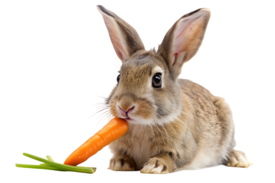 Cute bunny eating carrot isolated on transparent background