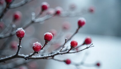 Winter Solstice Woodland Scene Snow Covered Branches Frosted Berries A macro shot of bare tree branches heavily dusted with fresh snow. Clusters of bright red berries are coated in a delicate layer of