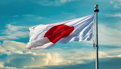 Vibrant Japanese Hinomaru flag proudly waves on a tall metal flagpole against a brilliant blue sky, symbolizing national identity and heritage