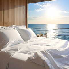 Ocean view from bright bed, serene, sunlit