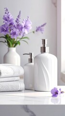 Elegant bathroom still life with white and purple theme