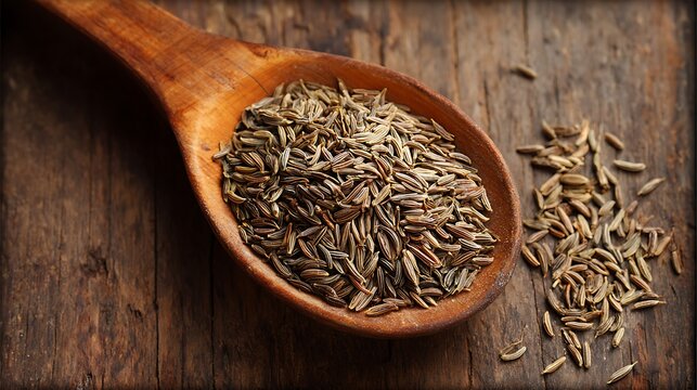 Awesome photo of wooden spoon filled with cumin seeds on a rustic wooden surface.