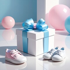 Gifts, shoes, and spheres in a soft pastel studio scene