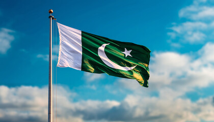 Pakistan's National Flag A Symbol of Unity and Pride Waving in the Wind Against a Blue Sky