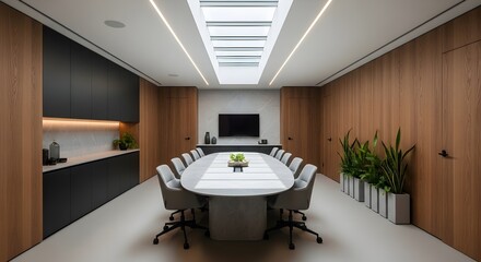 Modern Conference Room Interior with Oval Table, Natural Light, and Wood Paneling for Business Meetings and Corporate Presentations