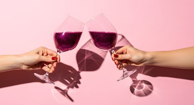 Two hands holding sparkling purple drinks in wine glasses clinking together on pink background