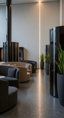 Modern Hotel Lobby Interior with Stylish Seating, Lighting, and Potted Plants for Upscale Hospitality Design