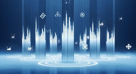 Abstract Blue Data Visualization Background with Glowing Charts and Icons - Technology Concept, Business Analytics, Future Trends