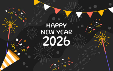 Happy New Year 2026 with festive fireworks against a blue night background