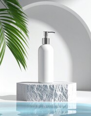 White bottle on stone, tropical leaf, and reflective pool