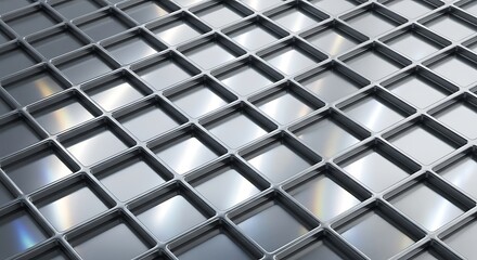 Abstract metallic grid pattern with reflective square cells and shadows