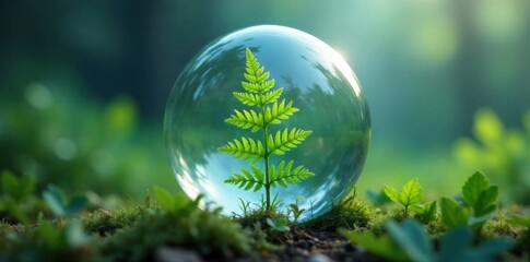 Crystal clear bubble forming around a single, dew kissed fern frond in a misty forest. A single, dew kissed fern frond encased within a perfect, crystal clear bubble. The background is a misty, soft