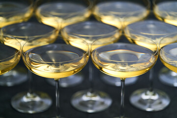 champagne wine in a coupe glasses ready to drink, close up.
