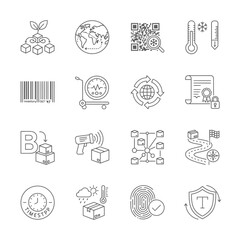 Streamlined logistics icons for global supply chain management, featuring inventory growth, temperature control, barcode scanning, and secure delivery, perfect for modern business needs